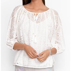 Johnny Was Castillo Eyelet Prairie Blouse Silk Blend White 1397T0